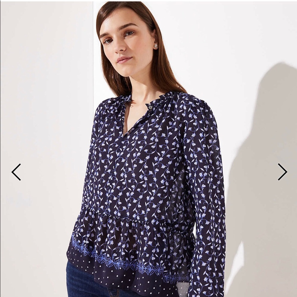 🆕 LOFT Floral Navy Dot Peplum Blouse M